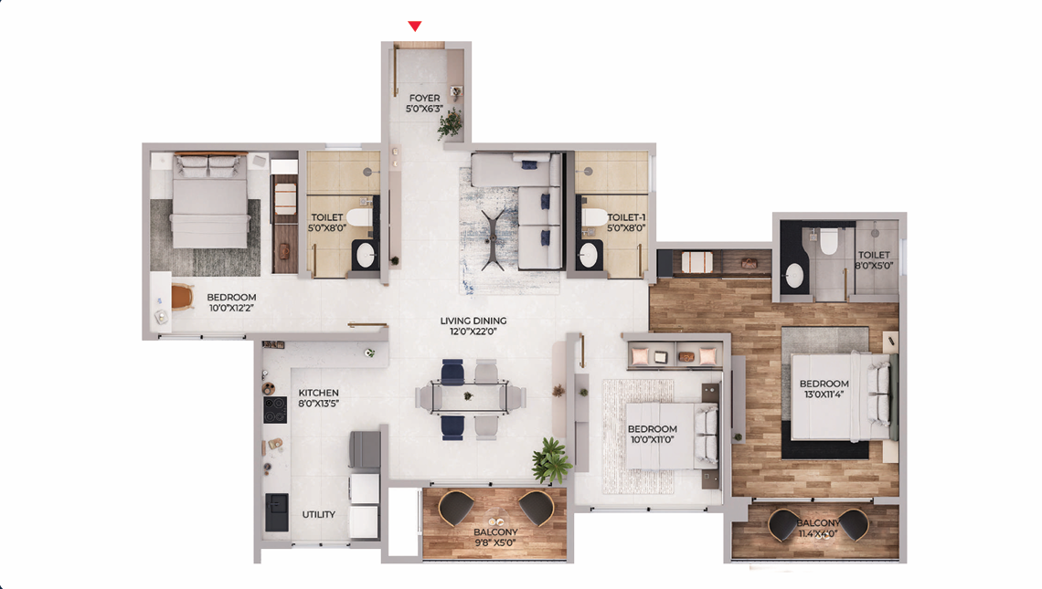 3 BHK apartment floor plan Purva Northern Lights North Bangalore